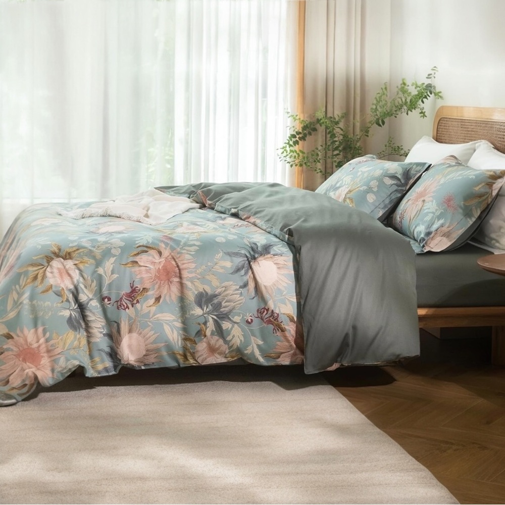 NEW Anthro Blue Floral Multicolor Full Queen King Cotton Bedding Duvet Sham Set - Picture 5 of 12